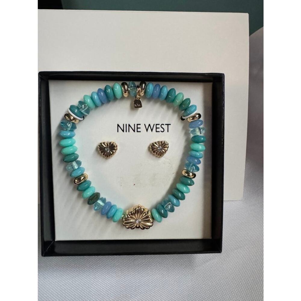 Nine West Bracelet & Earrings Set – Gold Tone & Aqua Beads – NIB Gift Boxed